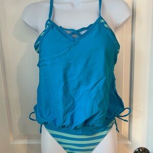 NWOT Turquoise Blue Strappy Tankini Swimsuit Mesh Back Striped Bikini Bottom